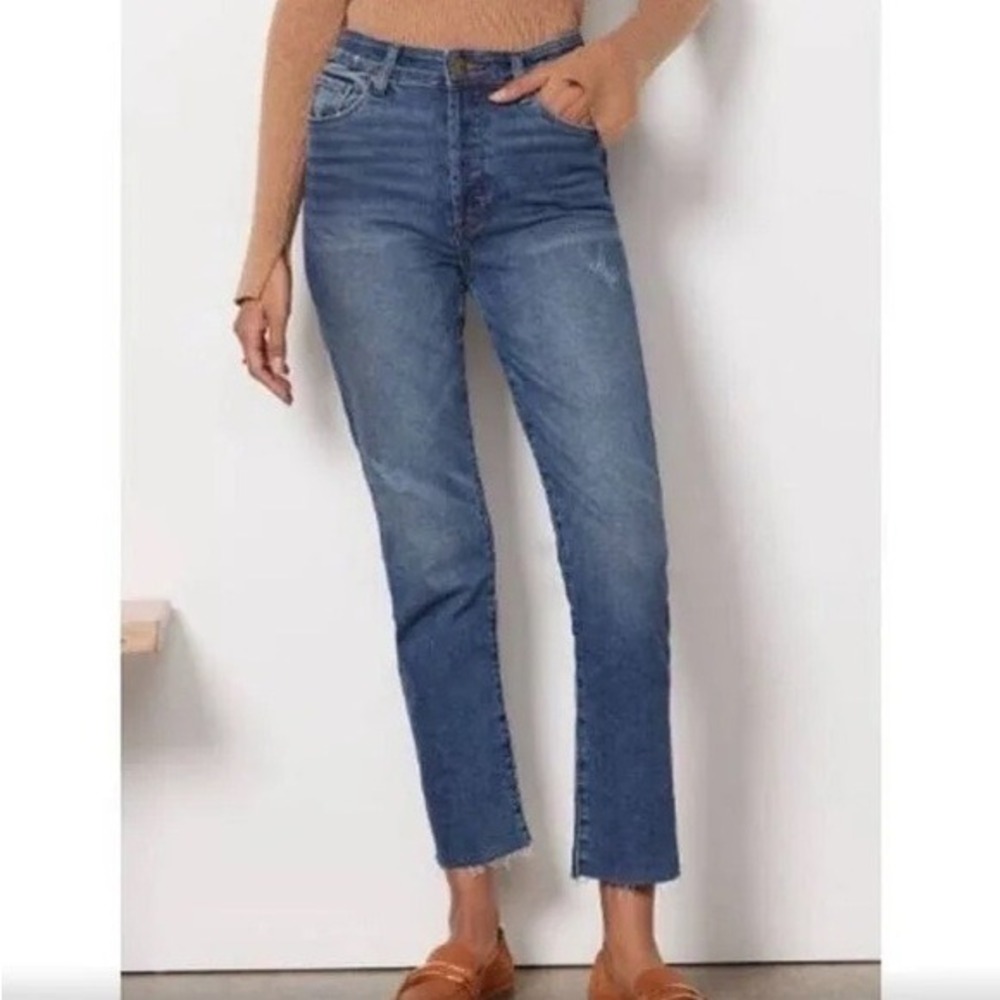 Evereve The Ever Straight High Rise Jeans Medium Wash Raw Hem‎ Size 24